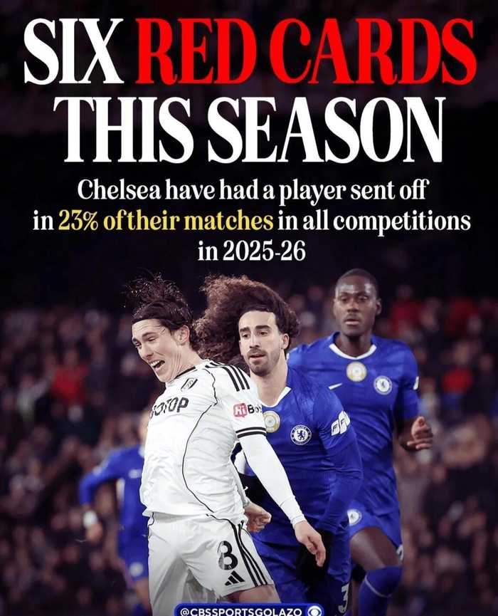 切尔西本赛季6人染红创纪录，23%比赛10人作战